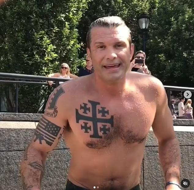 Pete Hegseth shirtless, showing a Jerusalem cross tattoo on his chest