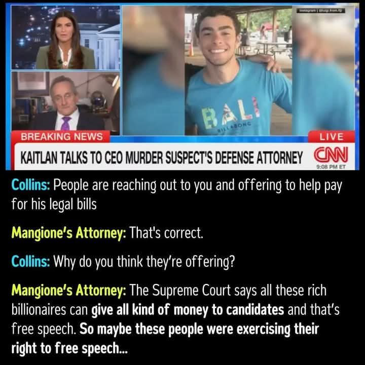 CNN chyron reading 'KAITLAN COLLINS TALKS TO CEO MURDER SUSPECT'S DEFENSE ATTORNEY' over a split screen with a photo of the suspect